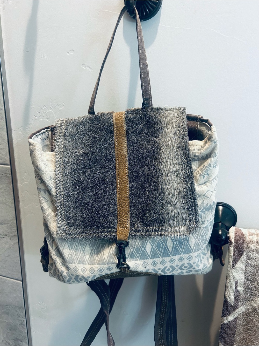 Myra Bag Gray and Cream Textured Flap Backpack